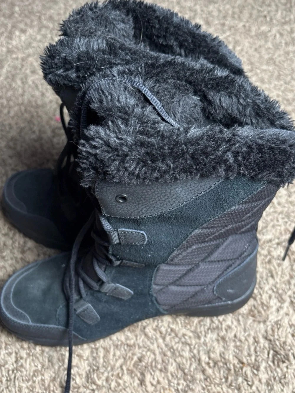 Women's Black Fur-Trim Winter Lace-Up Boots